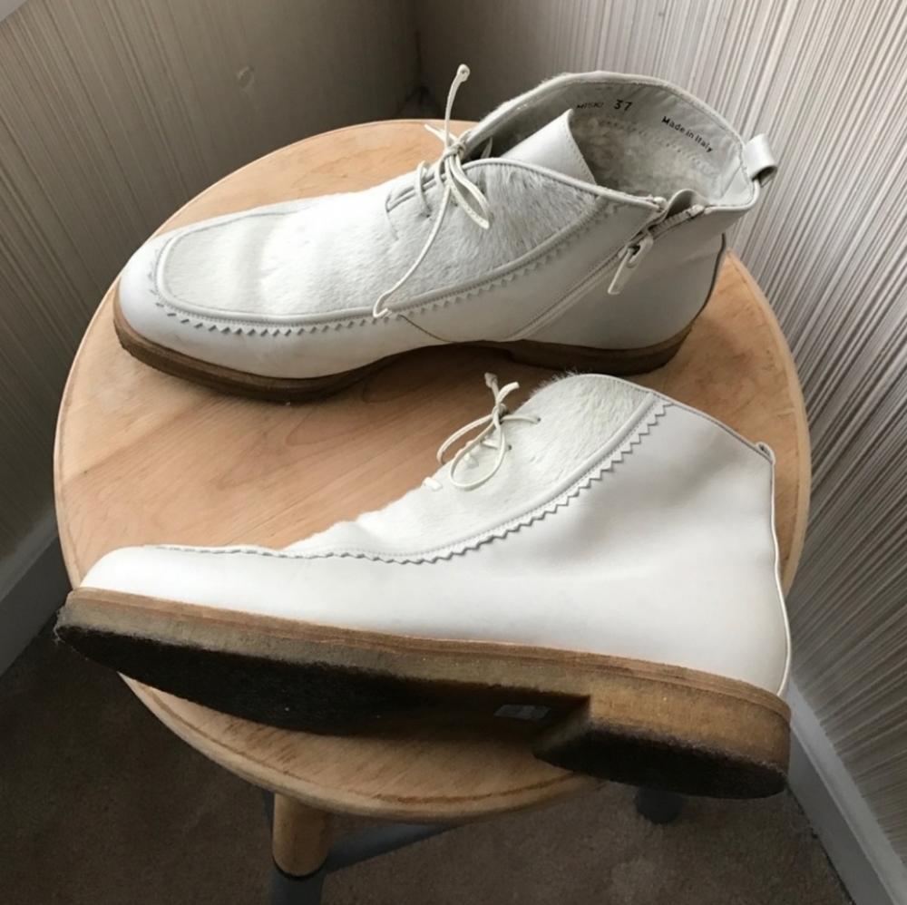 Bally Moto Combat Boots Leather and Fur Off White Size 7 - Picture 2 of 8